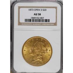 1873 $20 Open 3 AU58 NGC. NGC Census: (1802/3098).