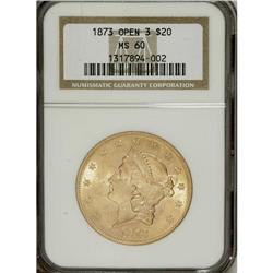 1873 $20 Open 3 MS60 NGC. NGC Census: (801/2262).