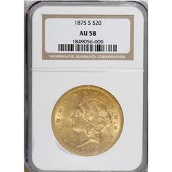 1875-S $20 AU58 NGC. NGC Census: (1266/821). PCGS