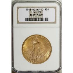 1908 $20 No Motto MS63 NGC. NGC Census: (36726/445