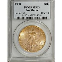 1908 $20 No Motto MS63 PCGS. PCGS Population (2612