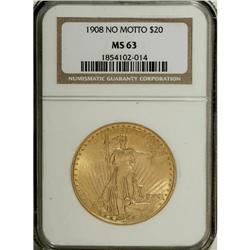1908 $20 No Motto MS63 NGC. NGC Census: (36839/448