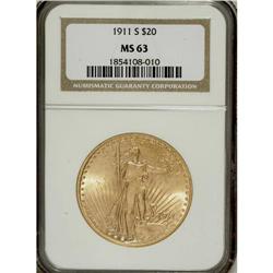 1911-S $20 MS63 NGC. NGC Census: (1542/1541). PCGS