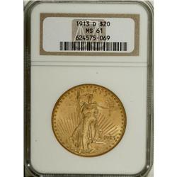1913-D $20 MS61 NGC. NGC Census: (241/2590). PCGS