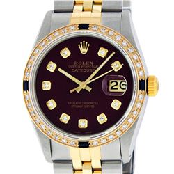 Rolex Mens 2 Tone Maroon VS Diamond & Sapphire Oyster Perpetual Datejust 36MM