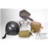 Image 1 : Selection of military supplies including insulated helmet, small shovel, water canteen in canvas pou