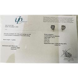 14K White Gold Diamond(1.82ct) Brilliant Cut Diamonds, I3 Clarity Earrings (~weight 1.2g), Made in C