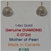 Image 2 : 14K Yellow Gold Mother Of Pearl Diamond(0.072ct) Earrings, Made in Canada, Suggested Retail Value $3