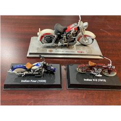 Lot of 3 mounted vintage harley and indian motorbike models