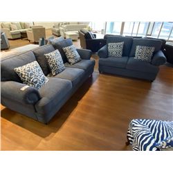 BLUE SOFA AND LOVESEAT SET, COMES WITH THROW CUSHIONS