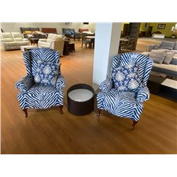 PAIR OF BLUE ZEBRA STRIPE WING BACK CHAIRS