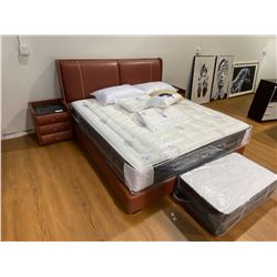 KING SIZE (75" WIDE) RED / BROWN LEATHER BED WITH 2 MATCHING NIGHT STANDS