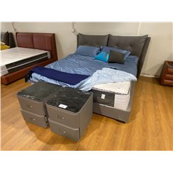 KING SIZE (75" WIDE) GREY LEATHER BED WITH 2 MATCHING NIGHT STANDS