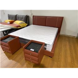 KING SIZE (75" WIDE) RED / BROWN LEATHER BED WITH 2 MATCHING NIGHT STANDS