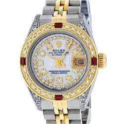 Rolex Ladies 2 Tone Mother Of Pearl String Diamond Lugs & Ruby Datejust Wriswatc