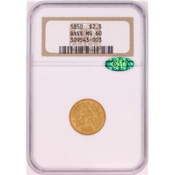1850 $2 1/2 Liberty Head Quarter Eagle Gold Coin NGC MS60 CAC Bass Collection
