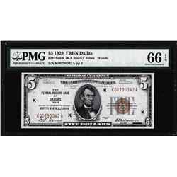 1929 $5 Federal Reserve Bank Note Dallas Fr.1850-K PMG Gem Uncirculated 66EPQ