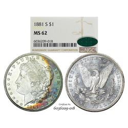 1881-S $1 Morgan Silver Dollar Coin NGC MS62 CAC Amazing Toning