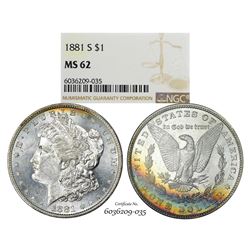 1881-S $1 Morgan Silver Dollar Coin NGC MS62 Amazing Toning