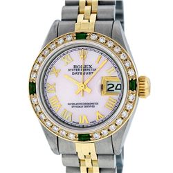Rolex Ladies Two Tone Pink MOP Diamond & Emerald Oyster Perpetual Datejust Watch