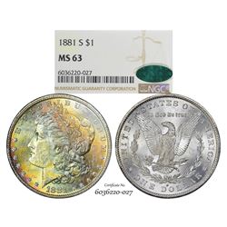 1881-S $1 Morgan Silver Dollar Coin NGC MS63 CAC Amazing Toning