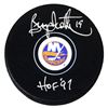 Image 1 : BRYAN TROTTIER SIGNED NEW YORK ISLANDERS LOGO HOCKEY PUCK W/HOF’97 (SCHWARTZ COA)