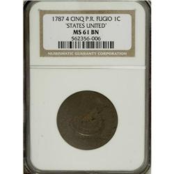 1787 1C Fugio Cent, STATES UNITED, Cinquefoils MS61 Br