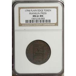 1794 TOKEN Franklin Press Token MS61 Brown NGC. Breen-