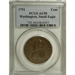 1791 1C Washington Small Eagle Cent AU58 PCGS. Baker-1