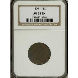 1806 1/2 C Small 6, No Stems AU55 NGC. C-1, B-3, R.1.