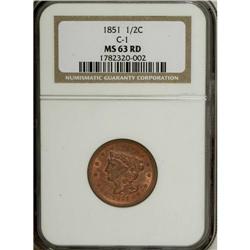 1851 1/2 C MS63 Red NGC. B-1, C-1, R.1. Generous amoun