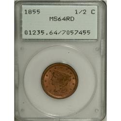 1855 1/2 C MS64 Red PCGS. C-1, B-1, R.1. An orange-red