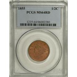 1855 1/2 C MS64 Red PCGS. C-1, B-1, R.1. This brick-re
