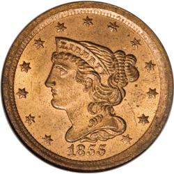 1855 1/2 C MS65 Red NGC. C-1, B-1, R.1. Ex: Foxfire. T