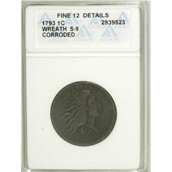 1793 1C Wreath Cent--Vine and Bars, Corroded--ANACS. F