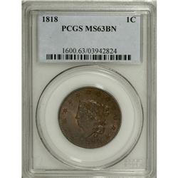 1818 1C MS63 Brown PCGS. N-10, R.1. This satiny Randal