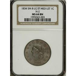1834 1C Small 8, Large Stars, Medium Letters MS64 Brow