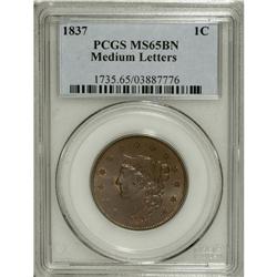 1837 1C Plain Cords, Medium Letters MS65 Brown PCGS. N