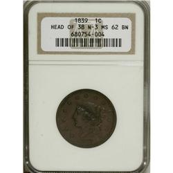 1839 1C Head of 1838 MS62 Brown NGC. N-3, R.1. Late di