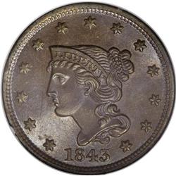 1843 1C Petite Head, Small Letters MS65 Brown NGC. N-2