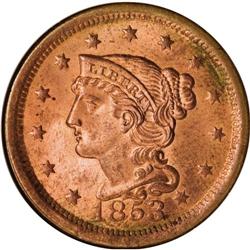 1853 1C MS65 Red NGC. N-25, R.1. The base of the 1 in