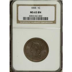 1855 1C Upright 5s MS65 Brown NGC. N-4, R.1. This glos
