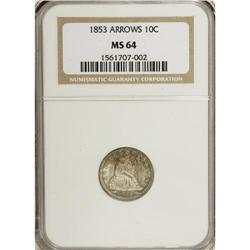 1853 10C Arrows MS64 NGC. Deep aqua, olive, and smoke-