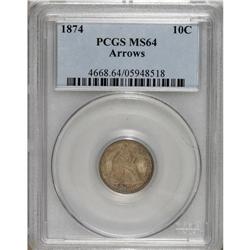 1874 10C Arrows MS64 PCGS. This near-Gem dime displays