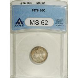 1876 10C MS62 ANACS. Ice-blue, sunset-orange, and mage