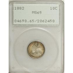 1882 10C MS65 PCGS. Golden-brown and apple-green endow