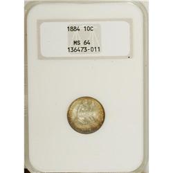 1884 10C MS64 NGC. Golden-brown and electric-blue illu