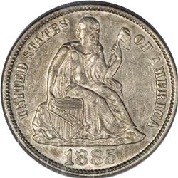 1885-S 10C AU55 PCGS. The key among S-mint Seated dime