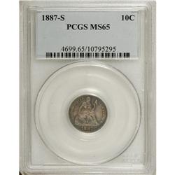 1887-S 10C MS65 PCGS. Highly lustrous beneath delicate
