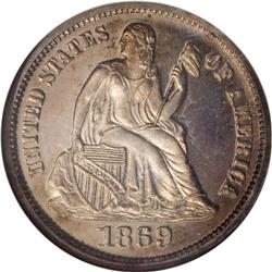 1869 10C PR66 Cameo NGC. Only 600 proofs were coined o